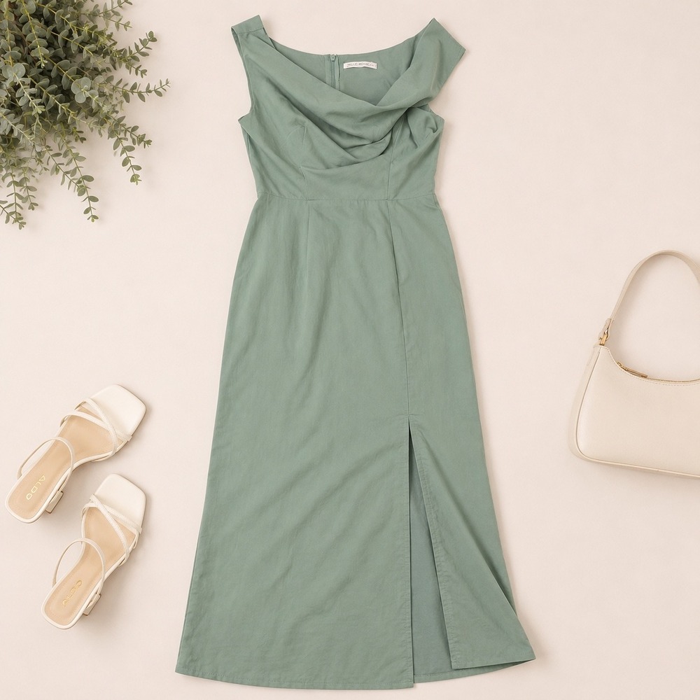 Here‎ Comes The Sun Sage Green Cowl Neck Maxi Dress Slit S